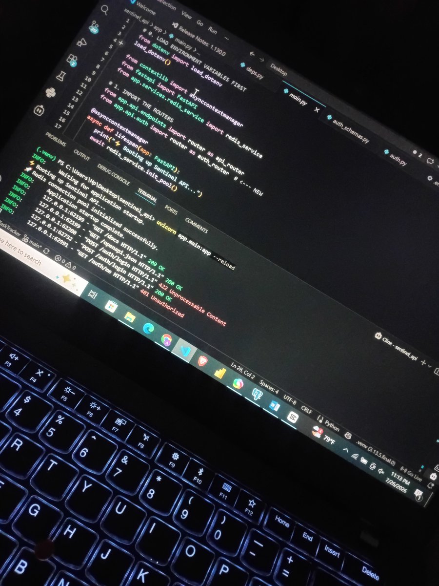 NullArchitect05's tweet photo. Shipped another big update to Sentinel_api  today 🚀

Authentication is now taking shape with JWT auth, API key management, Redis, PostgreSQL, and more. One step closer to a productionready backend.

Building in public. 💻#buildinpublic #fastapi #fullstackengineer https://t.co/5EmeydxIGk
