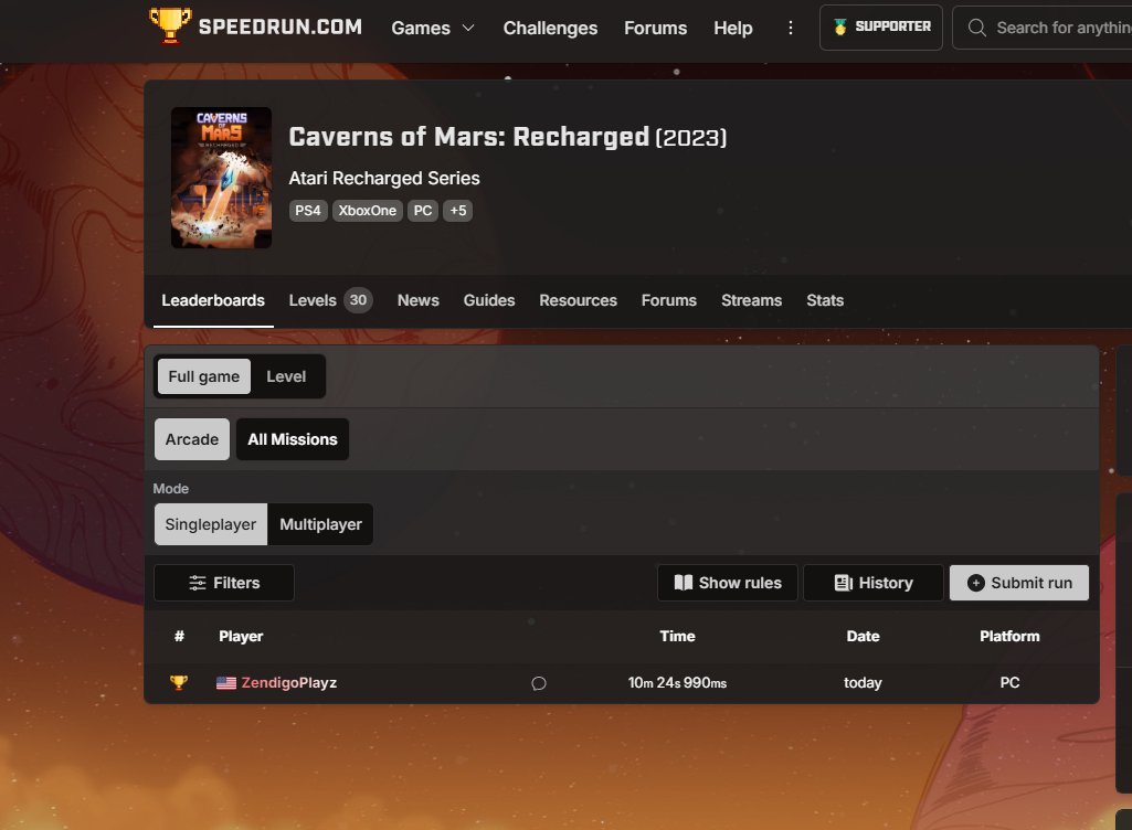 ZendigoPlayz's tweet photo. Officially the WR holder for Caverns of Mars : Recharged
Arcade Mode
#speedrunning #OvertakeYourLimits #Atari https://t.co/xLzWEVywWV