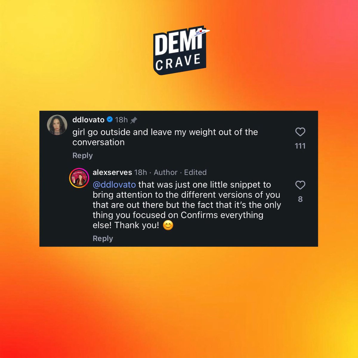 DemiCravings's tweet photo. Demi Lovato claps back at deranged conspiracy theorist for commenting on her body after claiming the singer has been cloned and is a robot. 

“girl go outside” https://t.co/n35L5XLJIa