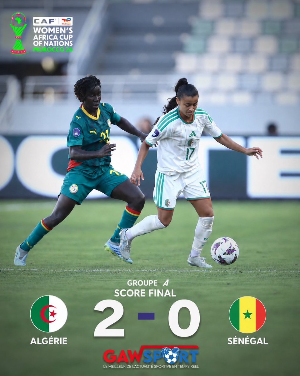 DiopCheikhGawa2's tweet photo. Pour son entrée en lice à la 𝐂𝐀𝐍 𝐟𝐞́𝐦𝐢𝐧𝐢𝐧𝐞 𝐌𝐚𝐫𝐨𝐜 𝟐𝟎𝟐𝟔, le Sénégal s’incline 0-2 face à l’Algérie.
#TotalEnergiesWAFCON2026 | #ALGSEN https://t.co/SDCDg5rswQ