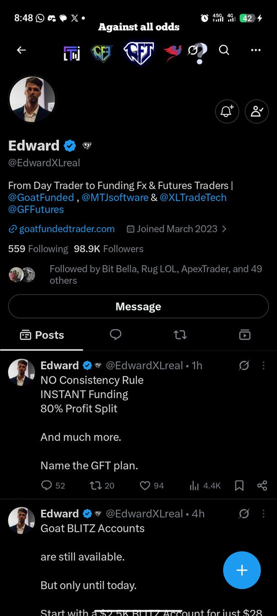 ade_bayof's tweet photo. @InvestorNnKay @GoatFunded @FiresideSWIN @EdwardXLreal @God_day__fx
@trad
@JABZ_FX
Done. ✅ Followed everyone, tagged 3 friends &amp; RT'd. As a disciplined trader, a $5K account would mean more focus on execution than worrying about capital. Appreciate this opportunity. 🙏 https://t.co/L1WONqBCe5