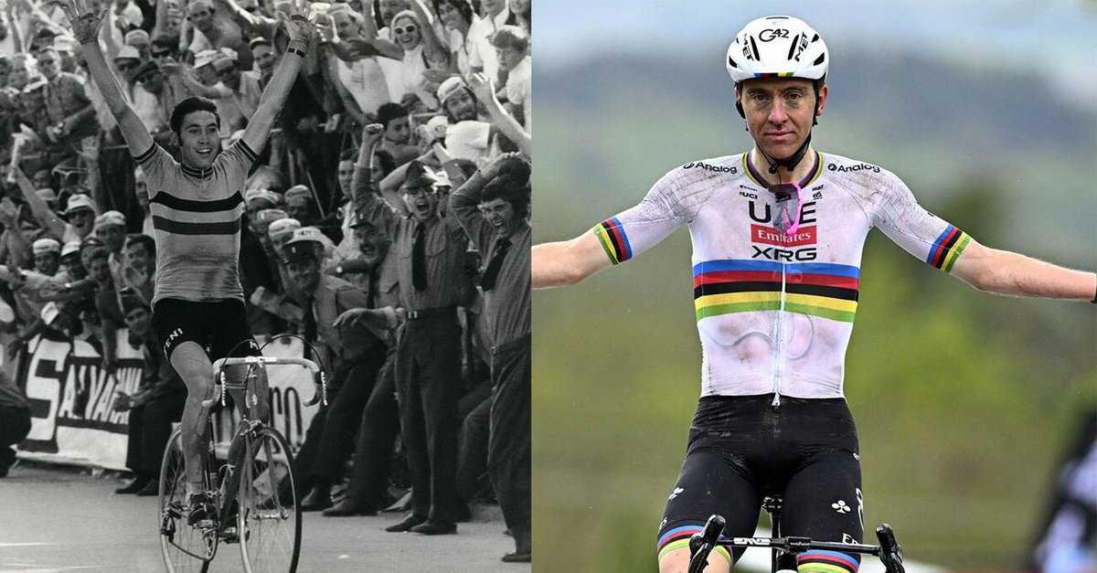 junior_miller's tweet photo. The tally, as of today, of the top two racers ever.  Different eras make it hard to compare.  Do with this want you want.  Major races:
                                                   Merckx    Pogacar
Tour de France                            5                 5
Tour of Italy                                  5                 1
Tour of Spain                               1                 0
World Championship               3                 2
Milan-San Remo                        7                 1
Tour of Flanders                         2                 3
Paris-Roubaix                             3                 0
Liege-Bastogne-Liege             5                 4
Tour of Lombardy                      2                  5

Total # professional wins.   525             127

TDF stage wins                         34                26
Days in Yellow                           96                70