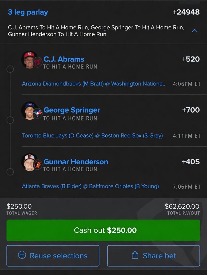 AmeliaBrooks00's tweet photo. 3-leg HR parlay cooking 🍿🎀

C.J. Abrams + George Springer + Gunnar Henderson

$250 → $62,620

Somebody say a prayer for me tonight 😤 https://t.co/a69kFyGeGM