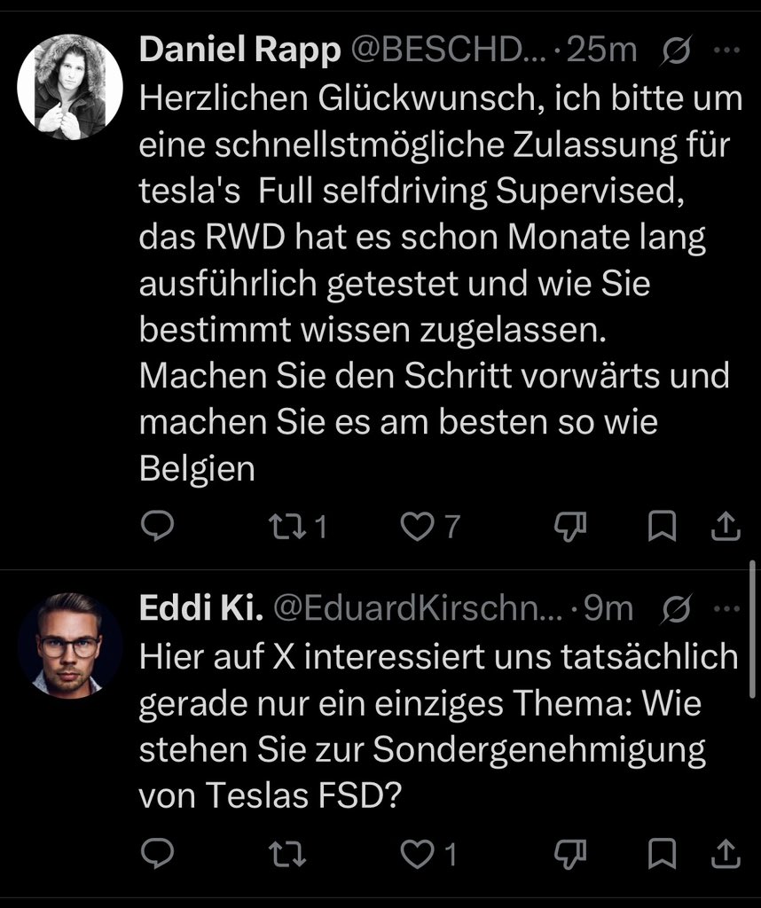 BerlinReporter's tweet photo. Was ist das denn für eine dubiose Kampagne? Ist das von @Tesla oder einer beauftragten PR-Agentur initiiert, dass unter dem Post von @SteffenBilger, in dem er seine Nominierung als @BMV bekannt gibt, jede Menge Fake Accounts mit einer Handvoll Follower für Teslas autonomes Fahrsystem die Zulassung fordern? https://t.co/HE9WucnjOP