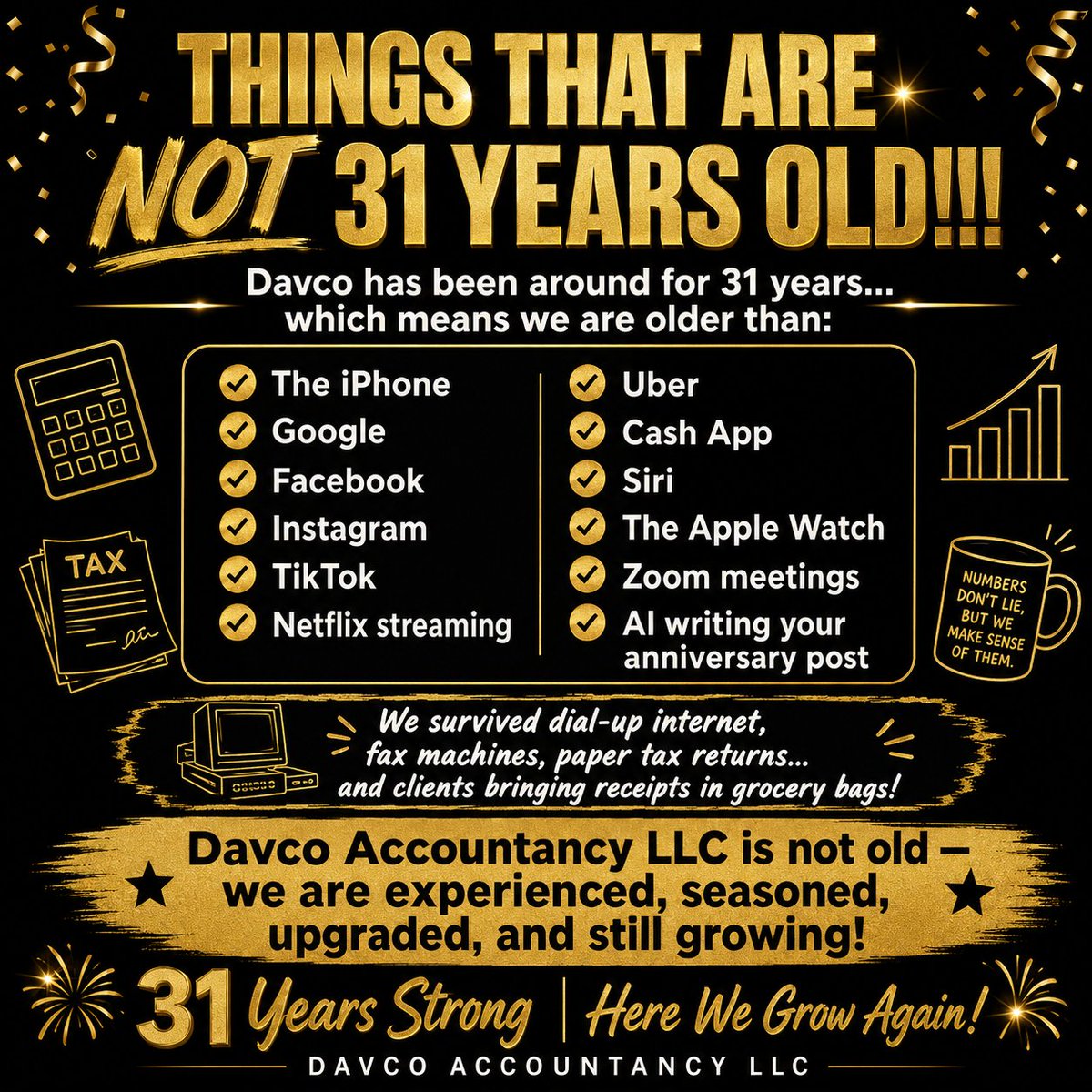 davcoconsulting's tweet photo. 😂 THINGS THAT ARE NOT 31 YEARS OLD!!!

Davco has been around for 31 years, which means we are officially older than:

📱 The iPhone
🔍 Google
📘 Facebook
📸 Instagram
🎵 TikTok
📺 Netflix streaming
🐦 Twitter—now known as X
🚗 Uber
💳 Cash App
🗣️ Siri
⌚ The Apple Watch
🤳 Selfies being called “selfies”
💻 Zoom meetings
📧 People saying, “I sent it to you—check your spam folder!”
😂 And employees pretending their camera does not work during virtual meetings!

When Davco first started, there were no social media business pages, no apps for everything, and definitely no asking artificial intelligence to write your anniversary post!

We have survived dial-up internet, floppy disks, fax machines, paper tax returns, several versions of Windows, changing tax laws, and clients bringing their documents in grocery bags! 😂

After 31 years, one thing is clear:

Davco Accountancy LLC is not old—we are experienced, seasoned, upgraded, and still growing!

HERE WE GROW AGAIN! 🎉

Drop something in the comments that is younger than Davco!

#31Years #DavcoAccountancy #ThingsThatAreNot31 #HereWeGrowAgain #BusinessAnniversary #SmallBusinessStrong #AccountingHumor #TaxHumor #TeamDavco #TheBestIsYetToCome