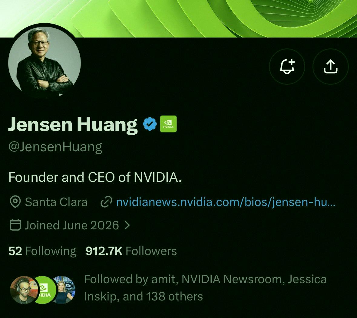 k81yz's tweet photo. Jensen Huang、あと2日でフォロワー100万人達成まで90%以上まで来てるって。
明日のマーケット開始までに@JensenHuangが100万人フォロワー達成するかも？ https://t.co/TBjlBv9ATA