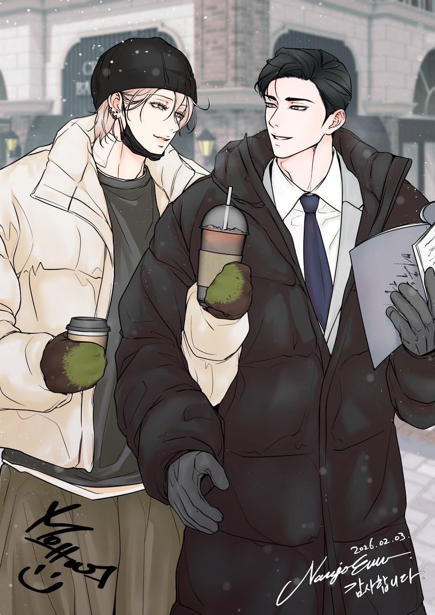 AnaMakoveckaa's tweet photo. This gorgeous art gives me hope that soon my beautiful boys will be happy together🥺.The main thing is to wait.
 But I’m really curious why the tattoo on Mokyeon’s neck is covered with a bandage? Could it be a new tattoo? Or could it somehow be connected to Nanjo…? I really don’t know, but I really want to find out.
#borderline  #미혹의경계