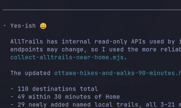 A follow-up screenshot described an AllTrails collection script and a local HTML file with 110 destinations.