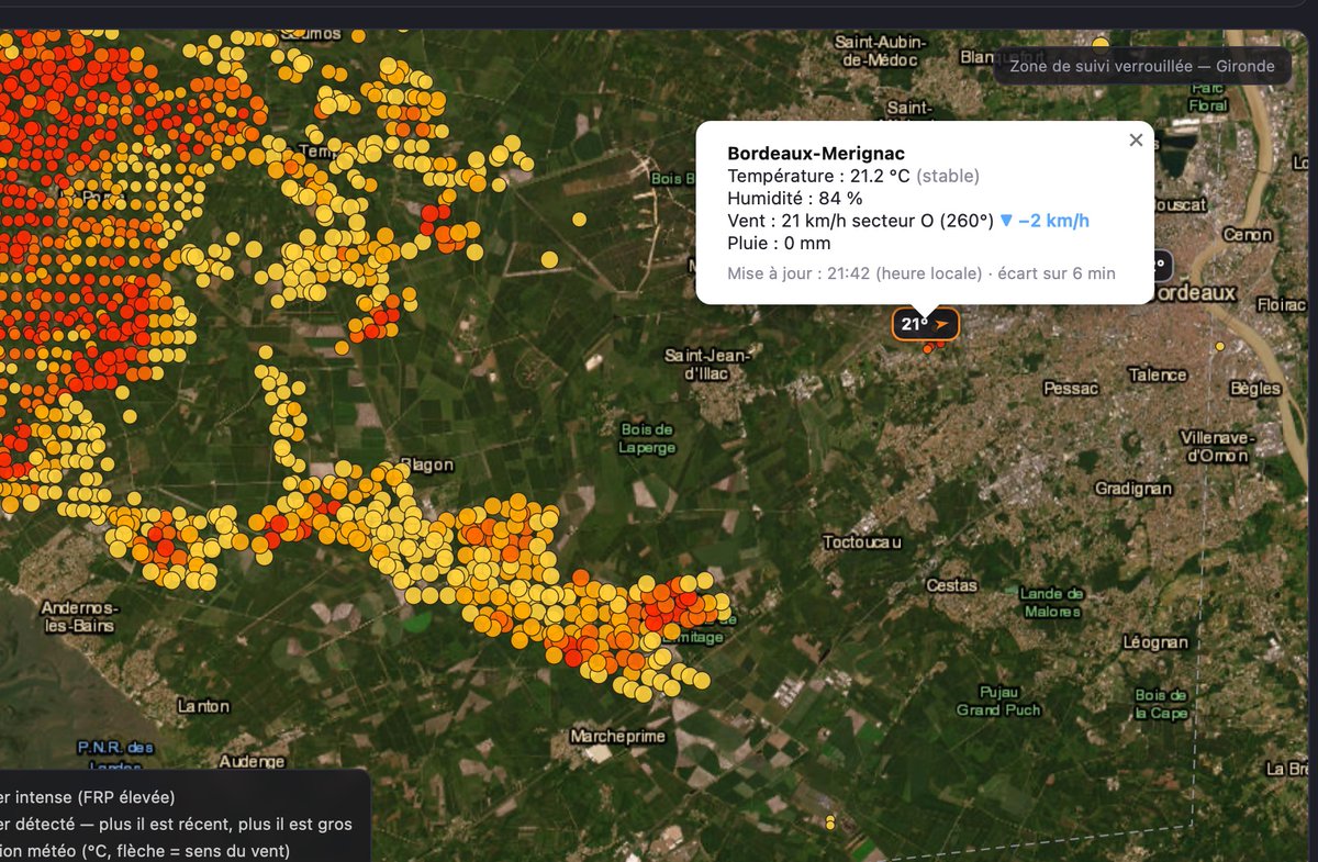 GJauseau's tweet photo. 📢ENCORE DU NOUVEAU
 
RecordPy a lancé ce soir sa page pour voir en direct le #feu en Gironde proche de Bordeaux.

Désormais: station par station, suivez le vent, l'humidité, température, mis à jour toutes les 10min pour mieux appréhender sa progression.
👉https://t.co/TLmNZyg8ug https://t.co/PyaXZThPtE