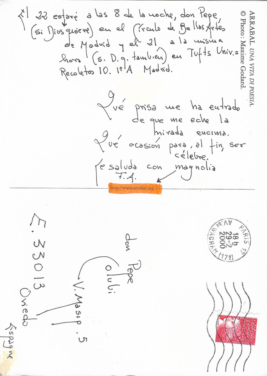 pepecolubi's tweet photo. A principios del 2000 le envié una florida carta a Fernando Arrabal en París solicitándole una entrevista en su siguiente visita a Madrid. Al poco tiempo me llegó esta asombrosa postal del propio Arrabal. https://t.co/4BtPV0B2IT