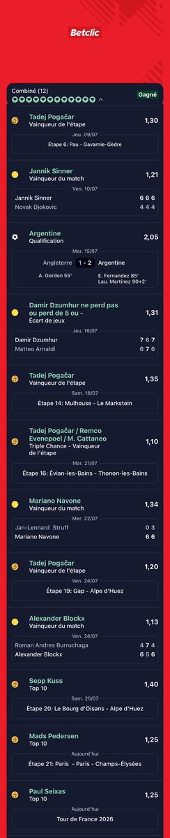LubinhoPronos's tweet photo. GROSSE MONTANTE DURANT LE #TDF2026ᴿᴾ 🔥🔥

Un bet long terme puis des rajouts, résultat : x25 📈✅

Mise de départ 500€ -> 12 900 ✅✅

Le bet de ma vie 🤩🤩

#TeamParieur https://t.co/IRyQXCeqme