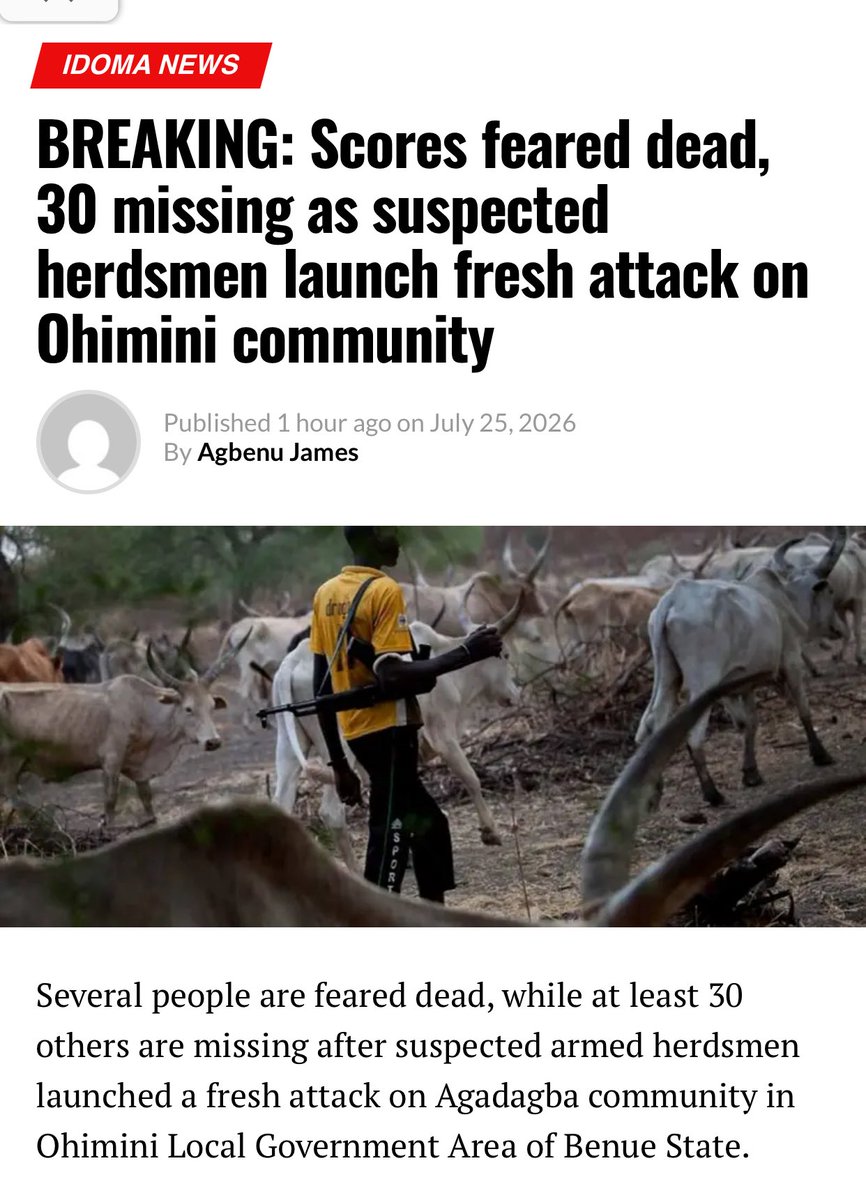 HabibaIdri40129's tweet photo. Breaking News !

Several people are feared dead, while at least 30 others are missing after suspected armed Fulani herdsmen launched a fresh attack on Agadagba community in Ohimini Local Government Area of Benue State.

An eyewitness narrated how the Fulani herdsmen  came back in large numbers and started shooting everywhere. People ran in different directions to save their lives. Many have been killed, while about 30 people are still missing. We don’t know whether they are alive or dead because many fled into the bush,” the resident said.
The attack has thrown the community into panic, with families searching for missing relatives amid fears that the death toll could rise.
As of the time of filing this report, security agencies had yet to issue an official statement on the incident.