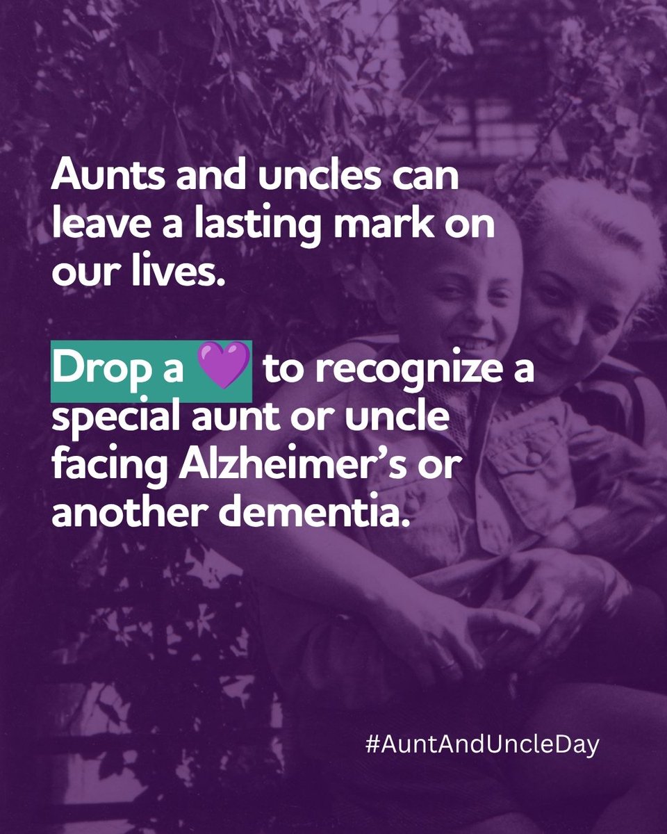 ALZNCA's tweet photo. Today we recognize aunts and uncles impacted by Alzheimer’s or another dementia. For many of us, aunts and uncles are special family members — sharing their wisdom and love across generations. 💜 We fight to #ENDALZ in their honor and all those facing dementia. #AuntAndUncleDay https://t.co/RFMab9r9GY