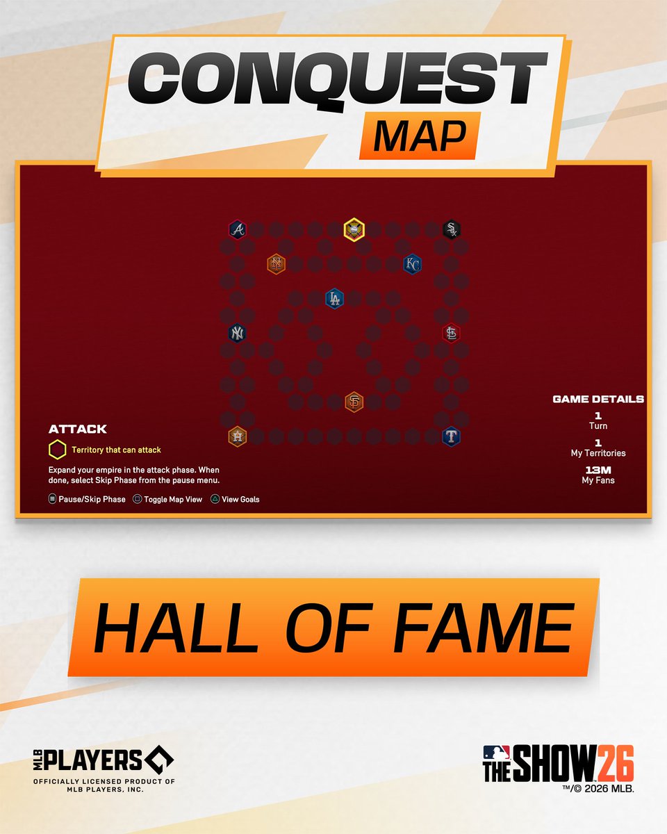 MLBTheShow's tweet photo. Hall of Fame Mini Seasons and the Conquest Map are live! ⚾🏆

Play now to earn packs, make Program progress, and more in MLB The Show 26! https://t.co/kQPbVRypZB