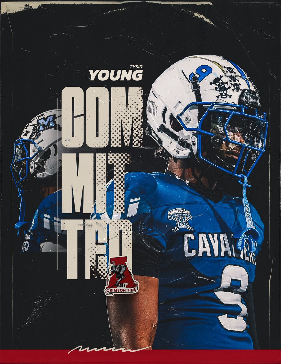 TysirYoung9's tweet photo. 1000% Committed! @AlabamaFTBL 
@KalenDeBoer @KaneWommack 
@CoachMorrell3 @PlayerProMorgan 
@MiddletownFB @coachjohnson302 
#RollTide🐘 https://t.co/ubMLJNa8RV