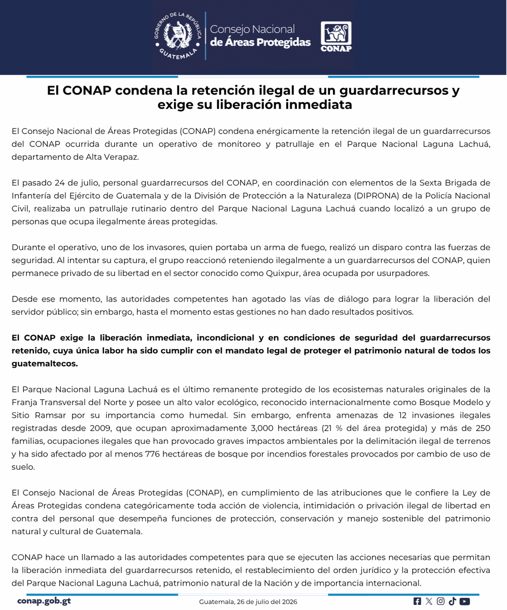 CONAPgt's tweet photo. COMUNICADO 

El CONAP condena la retención ilegal de un guardarrecursos y exige su liberación inmediata https://t.co/BCbvVPZt0j