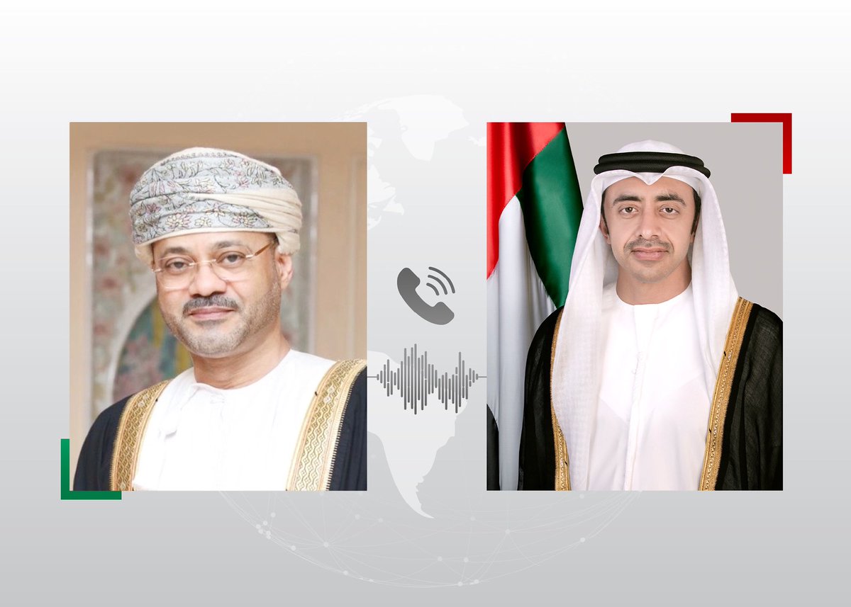 OFMUAE's tweet photo. عبدالله بن زايد ومعالي السيد بدر بن حمد البوسعيدي، وزير الخارجية في سلطنة عُمان الشقيقة، يبحثان هاتفياً العلاقات الأخوية بين 🇦🇪 و🇴🇲، إضافةً إلى مجمل المستجدات الإقليمية. https://t.co/cArVGKHZT6