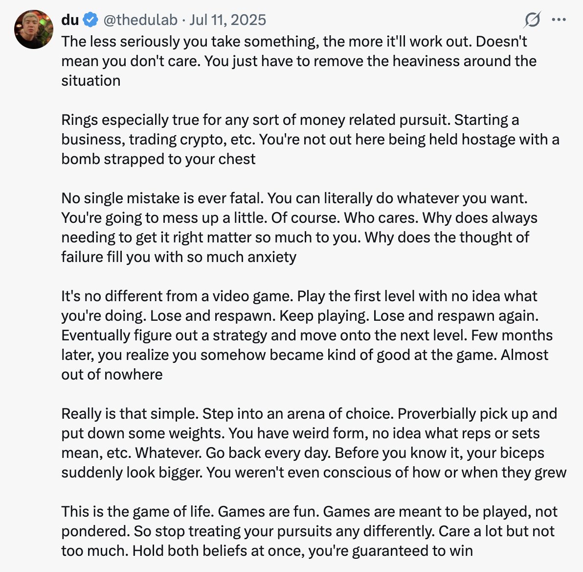 thedulab's tweet photo. Ton of comments already touching on this but to be taking home $250k essentially winging it without really knowing what you're doing is just great stuff

Aligns with a perpetual belief of mine that simply putting yourself out there is as good of a strategy as any. Optimizing for subjective perfection is always a choice rather than a necessity. Analyze because you can not because you have to. Have fun playing the game