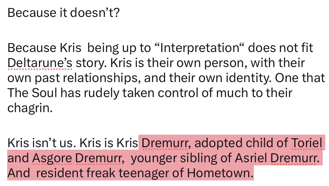AGluttonousSort's tweet photo. @slimynaut @Coopdog32777690 Deltarune from minute one literally tells us “Our choices don’t matter”, and you somehow think Kris’s identity is up to interpretation? How, how do you even reach that conclusion. https://t.co/cQr6q8ghHm