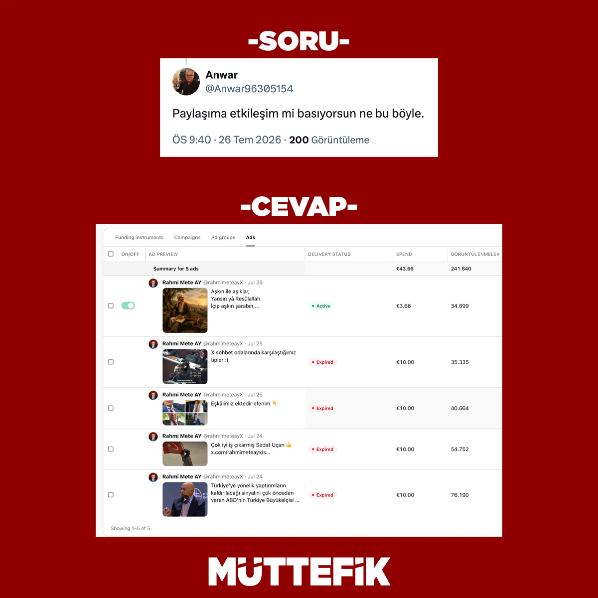 rahmimeteayX's tweet photo. Üç gündür birkaç kişi bunu söylediği için açıklama yapma gereği duydum. Ben yeni bir haber sitesi kurmakta olduğum için X’e reklam veriyorum. Yani hesabımdaki etkileşimlerin tamamı gerçektir! Asla sahte etkileşim yoktur… Ekran görüntüsünü de ispat olarak ekliyorum. Mesela bu paylaşımın da reklamını yapacağım 😎