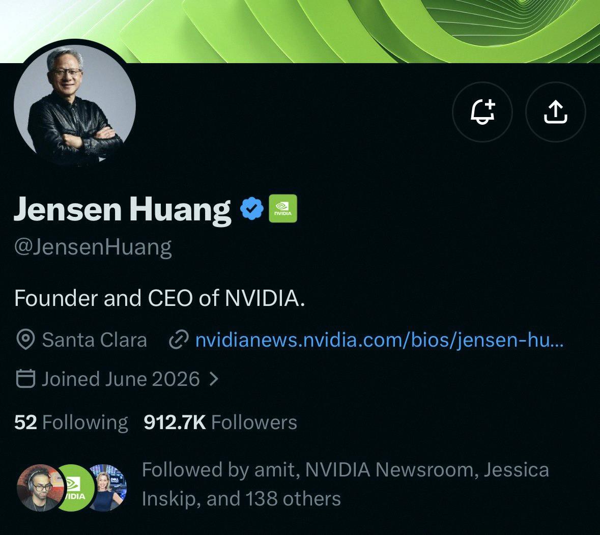 a_y_m_2001's tweet photo. ジェンセン・ファンが2日足らずでフォロワー100万人まであと9割ってところまで来たよ🧐
明日のマーケット開始までに @JensenHuang が100万人突破するかな？ https://t.co/vWwovDEZOU