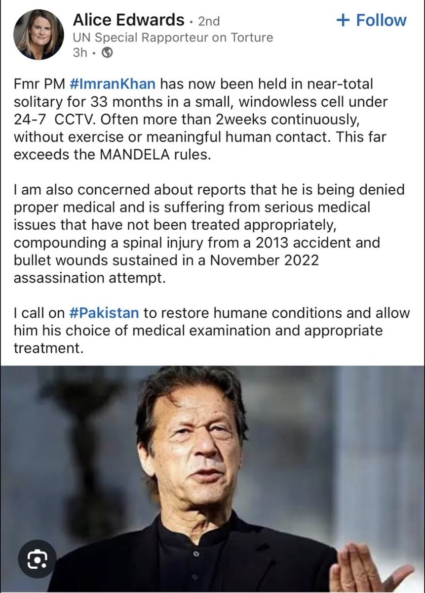 SabeeKazmi786's tweet photo. اقوام متحدہ نماہندہ خصوصی ایلس ایڈورڈز کی عمران خان کی جبری قید،تشدد پر پاکستانی حکومت کو سرزنش۔۔! https://t.co/zvIcvT3JFn