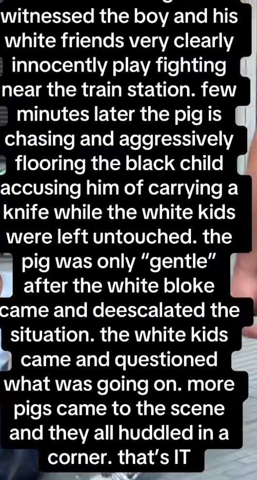 I_amMukhtar's tweet photo. According to a witness, police saw a Black child play-fighting with his white friends. The police then chased the Black child down and put him in handcuffs.

Massive respect to the kind man who stepped in to help him and made sure they remembered that he is a child and should be treated gently.

Adultification is real.