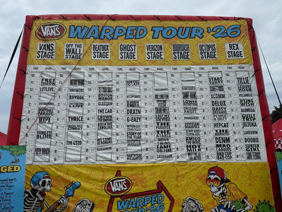 TheScenestar's tweet photo. Set times have been released for Vans Warped Tour - Long Beach 2026 at Shoreline Waterfront on Sunday!

This includes the music festival schedule and the Amazon Music Livestream.

Check them out here: https://t.co/BbBYugiyFb

#vanswarpedtour #settimes #justannounced https://t.co/qKX4vQQFsf