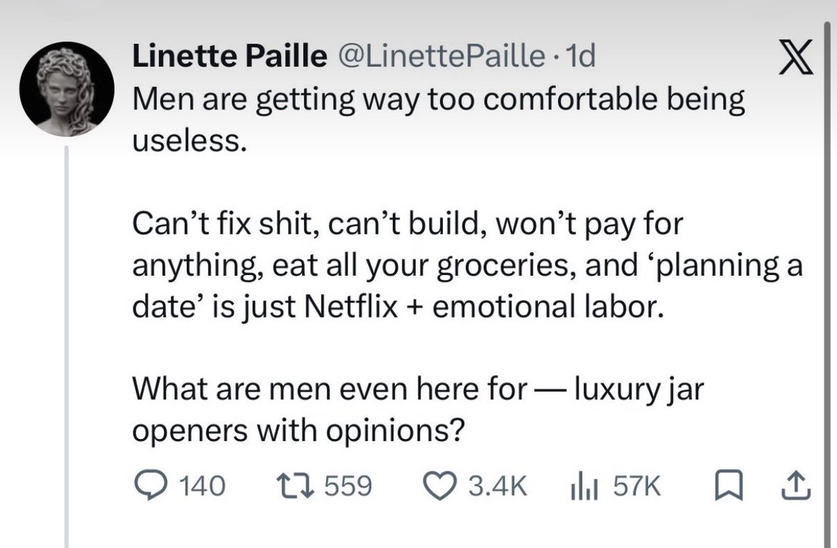 uubzu's tweet photo. Women are way too comfortable living in the pretend world men built for them. There’s no way out of this except for the pretending to end 

It’s the same as with nons. When you elevate a group beyond what they could ever achieve themselves, their thanks will be bitterness, resentment and hate. You’re left with a black hole which never can be filled and a grievance factory which never goes idle 

The question is not if, but when—but whether it is to be a soft landing or a hard one is yet to be written. It is the moral duty of everyone who recognizes the situation for what it is to work toward a soft landing. A hard one would entail misery the likes of which few of us have ever seen