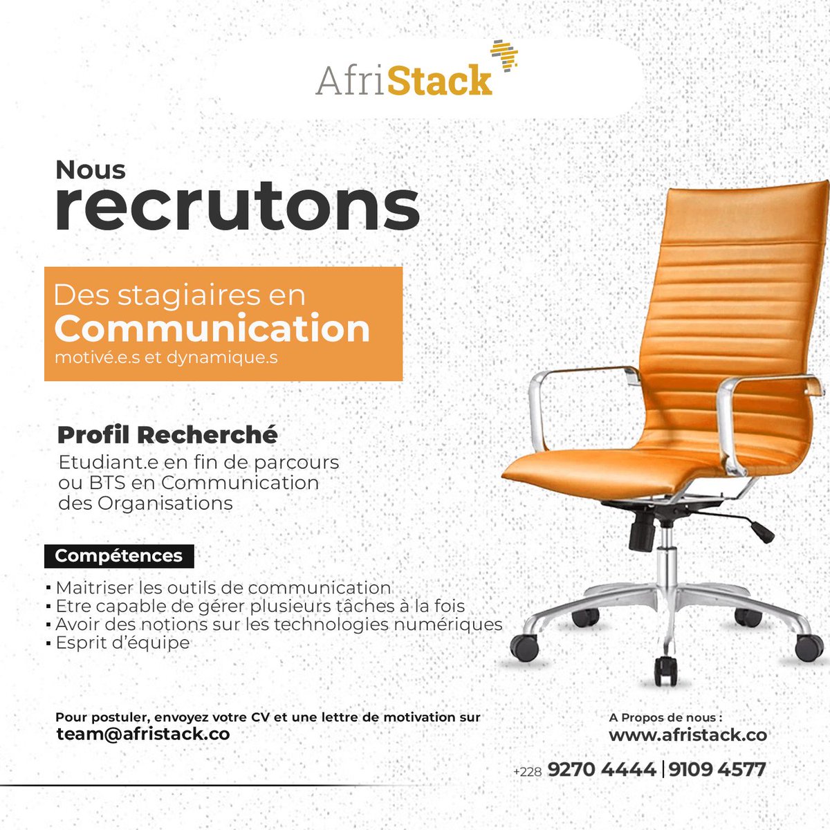 afristack's tweet photo. #AfriStack recrute des stagiaires !

Tu es passionné(e) par la communication, le digital et les projets à impact ? Cette opportunité est peut-être pour toi !

Envoie ton CV et une lettre de motivation à team@afristack.co

#Lab #Tech #Entrepreneurship #stem #InnovTogo #TgTech https://t.co/rYsDE5CeP7
