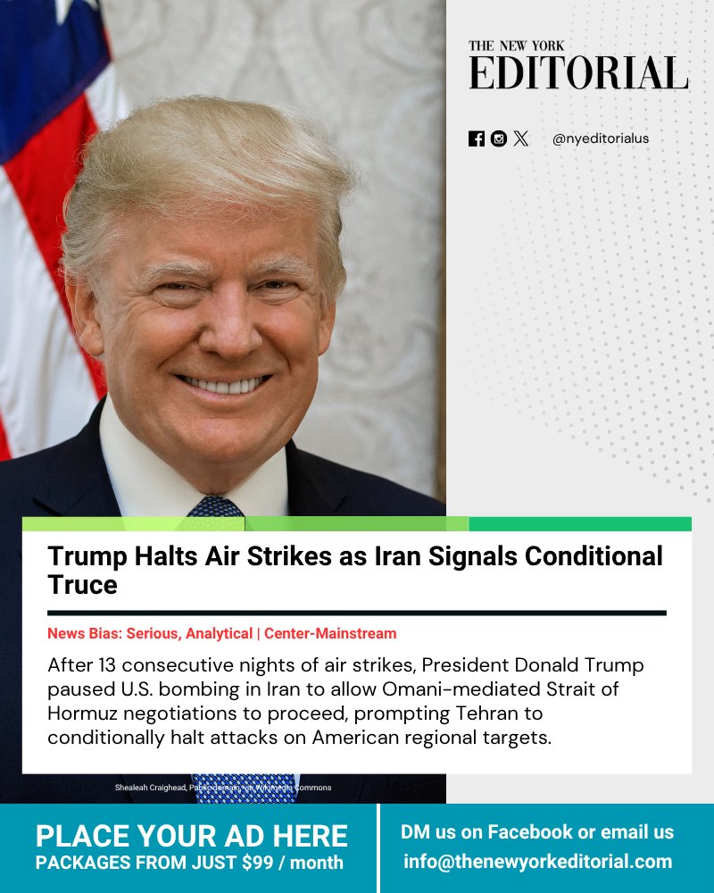nyeditorialus's tweet photo. The U.S. and Iran have paused regional strikes after 13 nights of escalating bombing, creating temporary space for Omani-mediated talks over Persian Gulf shipping routes.
Read more on our Website
#USIran #MiddleEast #Diplomacy https://t.co/ZPZDavwvKB