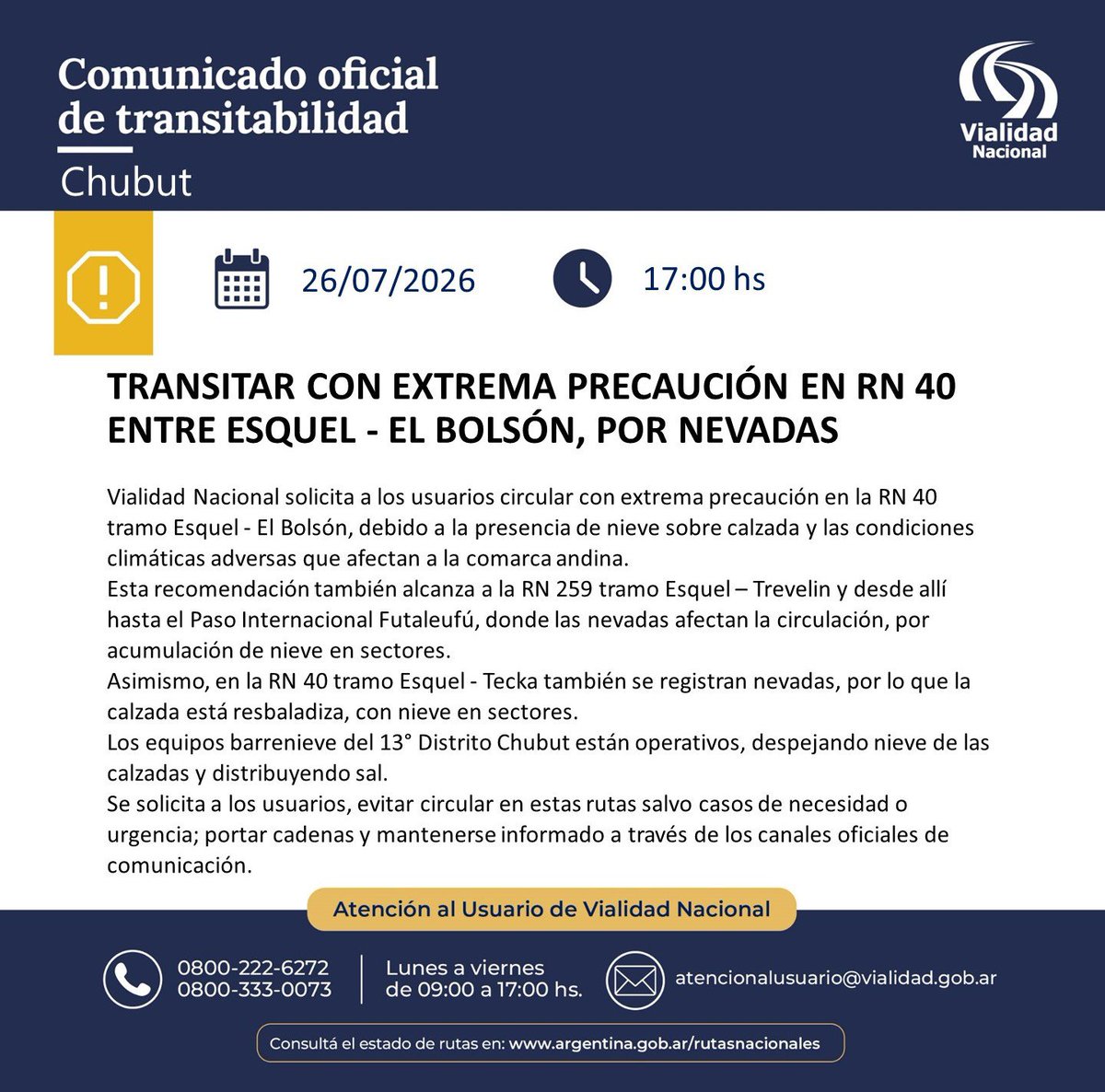 CholilaOnlive's tweet photo. @VialidadNac

#chubut #esquel #elbolson #tecka https://t.co/NmZnLbzNHL