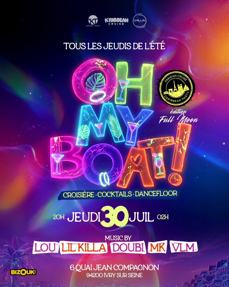 KREYOLTOUCH_'s tweet photo. On enchaine avec l’édition FULL MOON 🌒

Ton rendez-vous préféré des jeudis, OHMYBOAT !
Croisière, Cocktails et Party 🎊… Les ingrédients pour une soirée réussie✨

Soyez beaux, frais.. et colorés 🎨

🎟️Lien billetterie en bio
https://t.co/1gOY3pzzYC https://t.co/tUNOlwz5p2