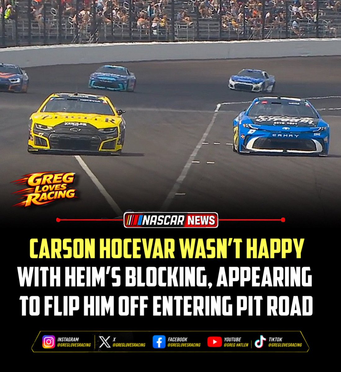everyboylr's tweet photo. The Corey Heim vs Carson Hocevar rivalry is in its infancy…. And it’s already pure Cinema!!!! 

#nascar #nascarracing #carsonhocevar #coreyheim #indianapolismotorspeedway https://t.co/hElkUl2DVu