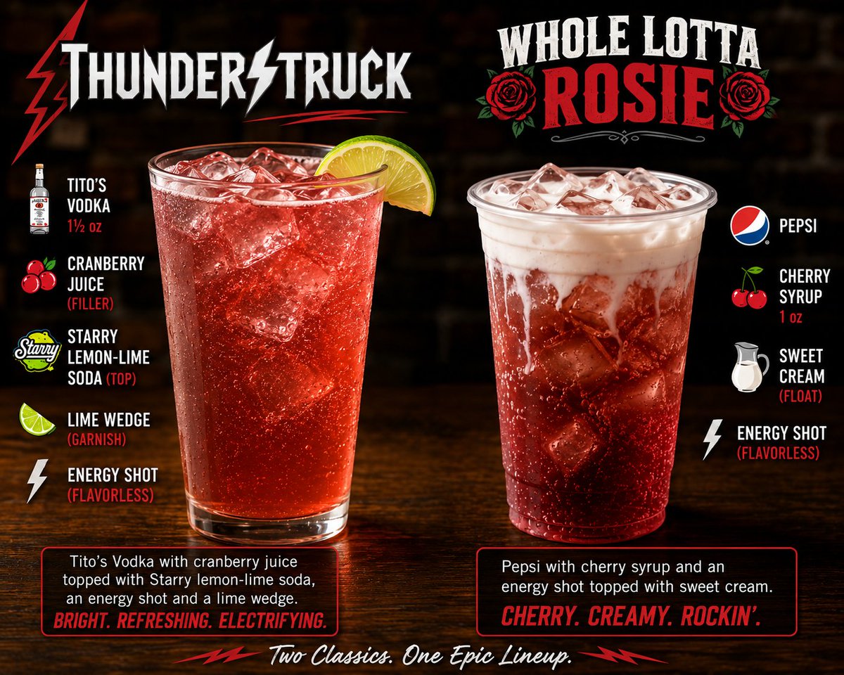 BrewCoffeeTap's tweet photo. AC⚡DC💛
We'll have two drink specials for the Shoot to Thrill concert in the park on Friday, July 31st.

Cocktail- Thunderstruck🌩
Shot of Titos Vodka, Cranberry Juice, Energy Shot, Starry &amp; a Lime
Filthy Soda - Whole Lotta Rosie🌹
Pepsi, Cherry Syrup, Energy Shot &amp;  Sweet Cream https://t.co/y7BEMBeo9j