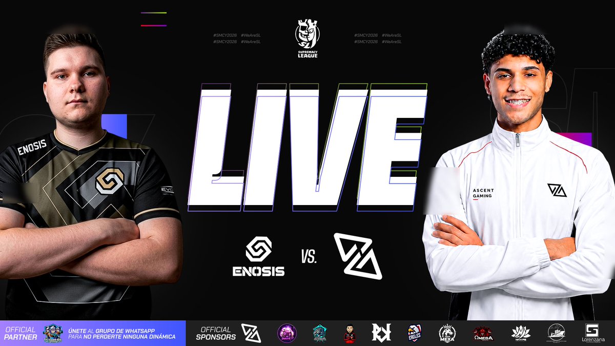 CR_Supremacy's tweet photo. ⚫ 𝐋𝐈𝐕𝐄 - 𝐌𝐀𝐓𝐂𝐇 𝟓 - 𝐑𝐎𝐔𝐍𝐃 𝟒

WE KICK OFF THE DAY WITH A BLOCKBUSTER! 🏆🔥

Ascent Gaming takes on Enosis in a crucial showdown. This could be Enosis' last real chance to escape the bottom of the standings and keep their hopes alive. 💥📈

Everything is on the line! 🚀

🇭🇺 @EnosisCR 🆚 @AscentGamingGG 🇵🇪
⏰: 20:00 UTC - 14:00 🇲🇽 - 22:00 🇪🇸
📺🇪🇸: https://t.co/TOheAE1nmv
📺🇪🇸: https://t.co/ceW0lwL0nw
🎙️🇪🇸: @Recameca

#SMCY2026 #WeAreSL #ClashRoyale