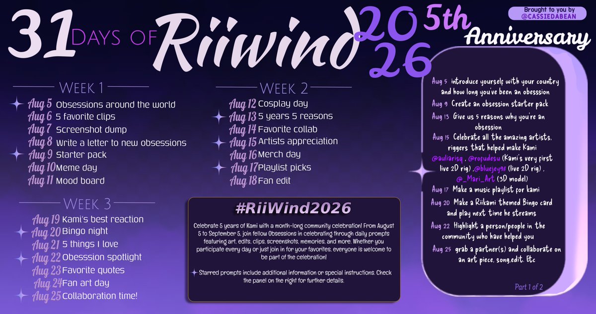 CassieDaBean's tweet photo. Can you believe it? #Riiwind is approaching once again! 💜👑

31 Days of Riiwind starts August 5th and runs until September 5th (Kamis’ anniversary date)

Each day will have a new theme to celebrate, share memories, and show our love for Kami. Get ready, Obsessions!  #RiiWind2026 https://t.co/zibEuOBIph