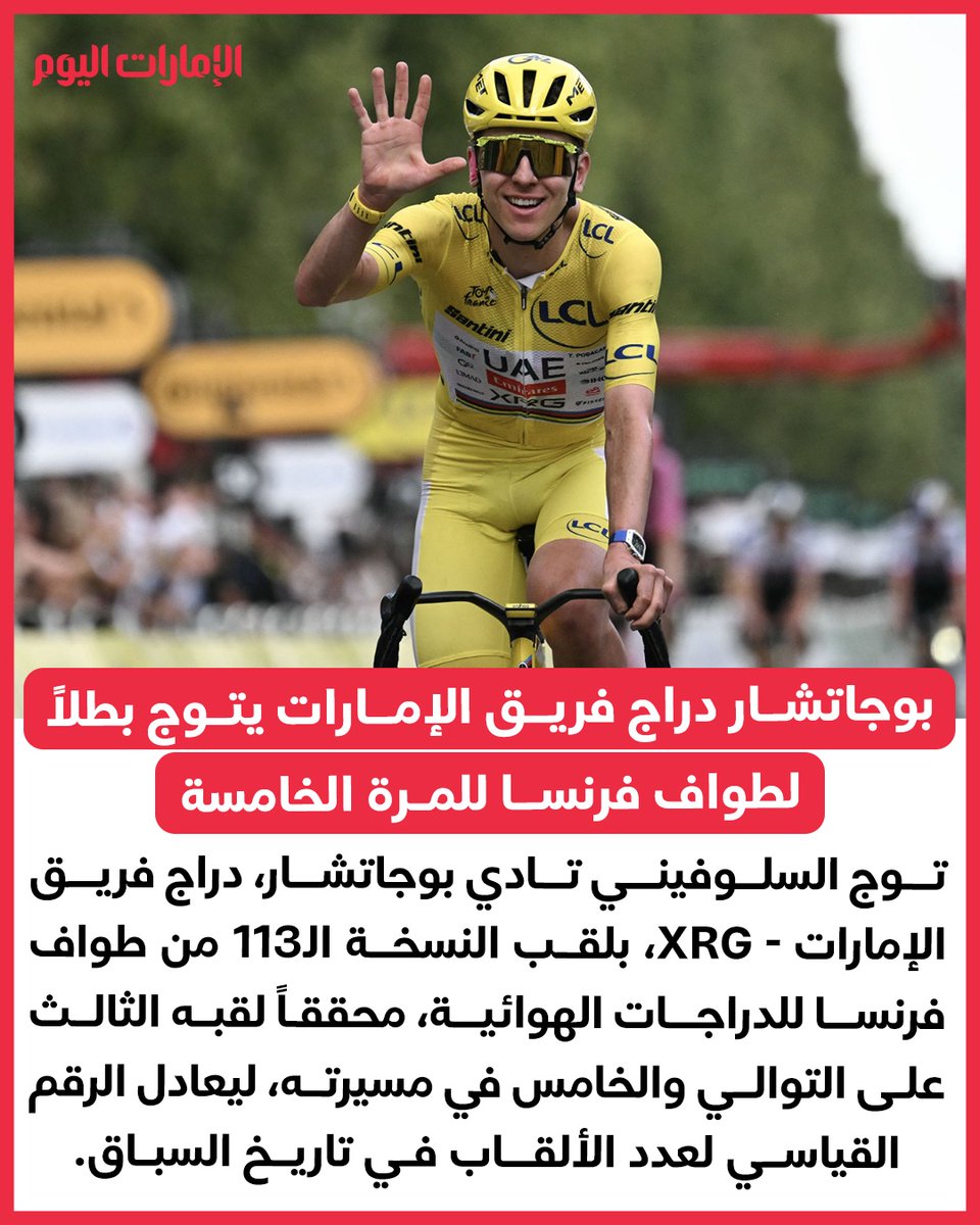 emaratalyoum's tweet photo. بوجاتشار دراج فريق الإمارات يتوج بطلاً لطواف فرنسا للمرة الخامسة
للتفاصيل:https://t.co/TtvlOHbAw7
#الإمارات_اليوم https://t.co/zWj6SKIM4w