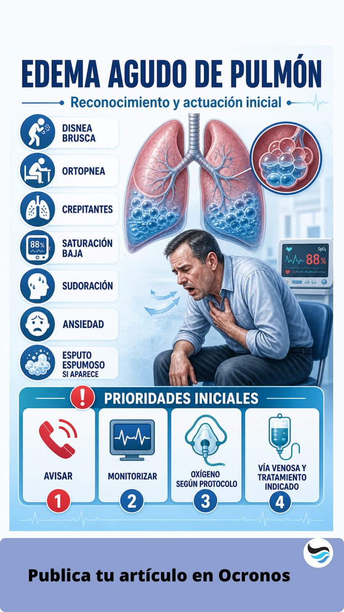revistaocronos's tweet photo. Edema agudo de pulmón: los minutos cuentan  
Disnea brusca, ortopnea, crepitantes y saturación baja orientan la actuación inicial.  
Guárdalo para repaso urgente. 🫁 #Medicina #Enfermería https://t.co/zOXcZ5R9pu