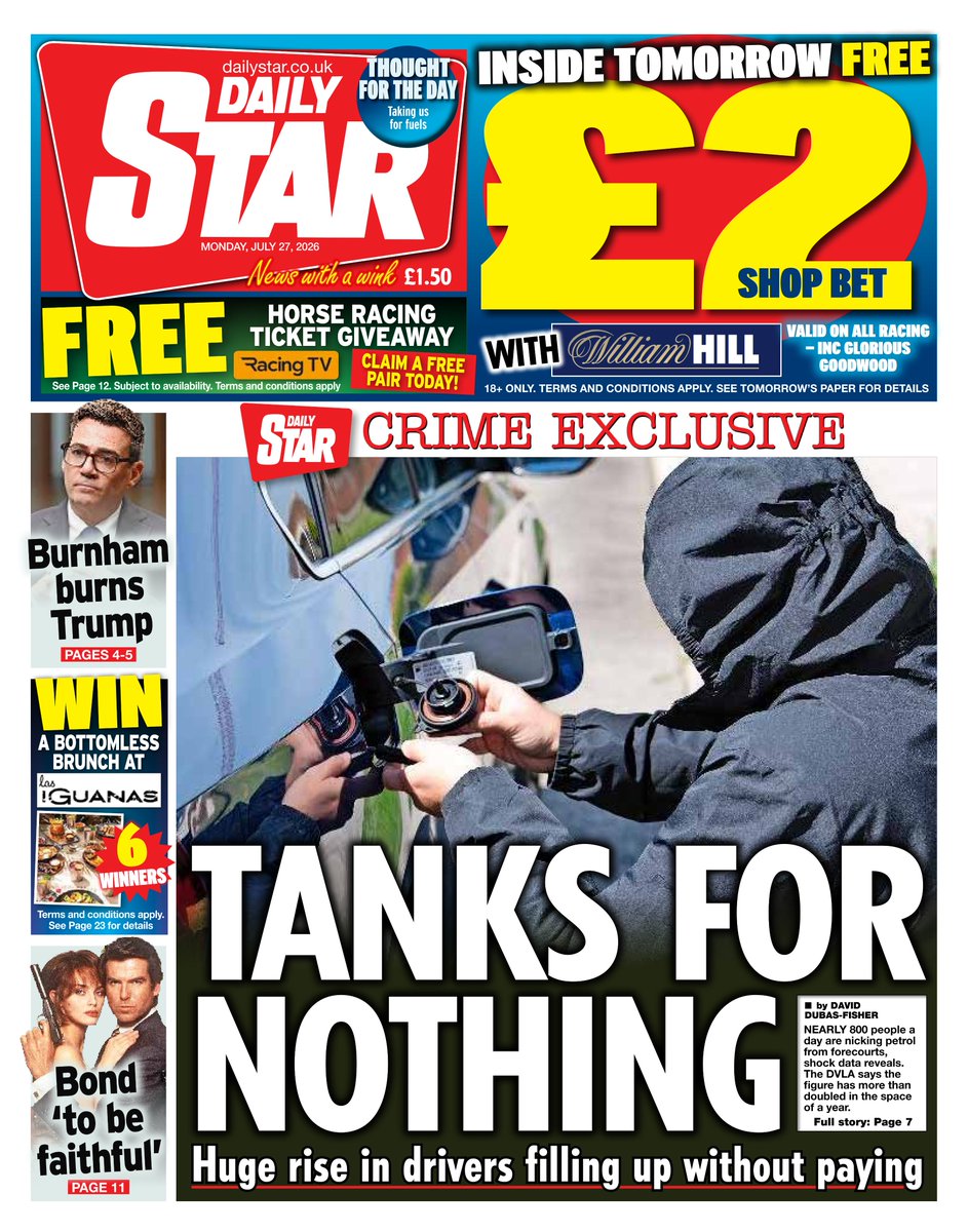 AndyGibsonTV's tweet photo. "TANKS FOR NOTHING"
@DubasFisher for @DailyStar 

Nearly 800 people a day are nicking petrol from forecourts, shock data reveals.
DVLA says the figure has more than doubled in the space of a year.

#DailyStar
#TomorrowsPapersToday