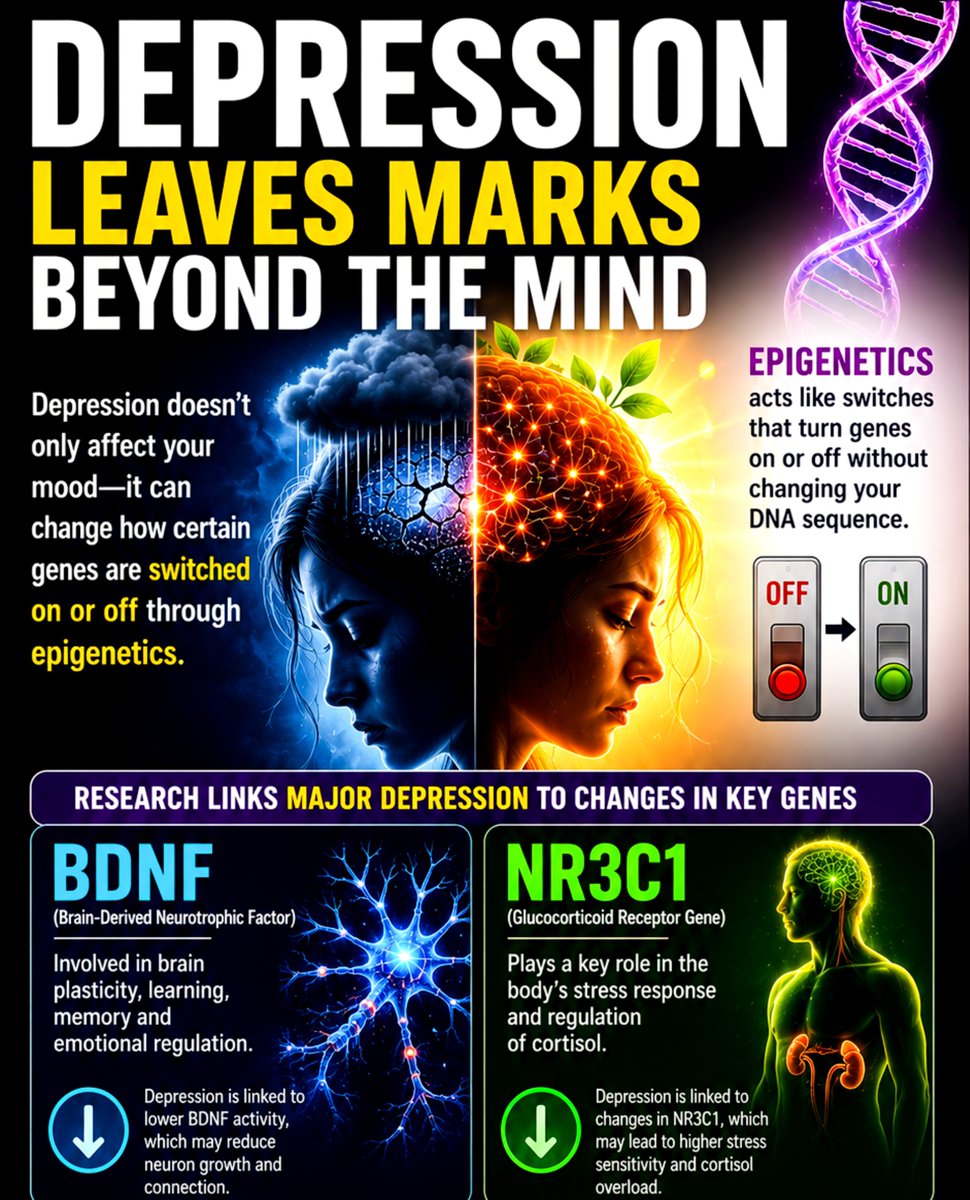 ShafiqueSh85525's tweet photo. Depression adds chemical locks to “healing genes” and turns on “stress genes”—and some locks can be inherited. But daily meditation can unlock them.Healing is not just emotional.Its epigenetic. https://t.co/UVCPs4U6vB