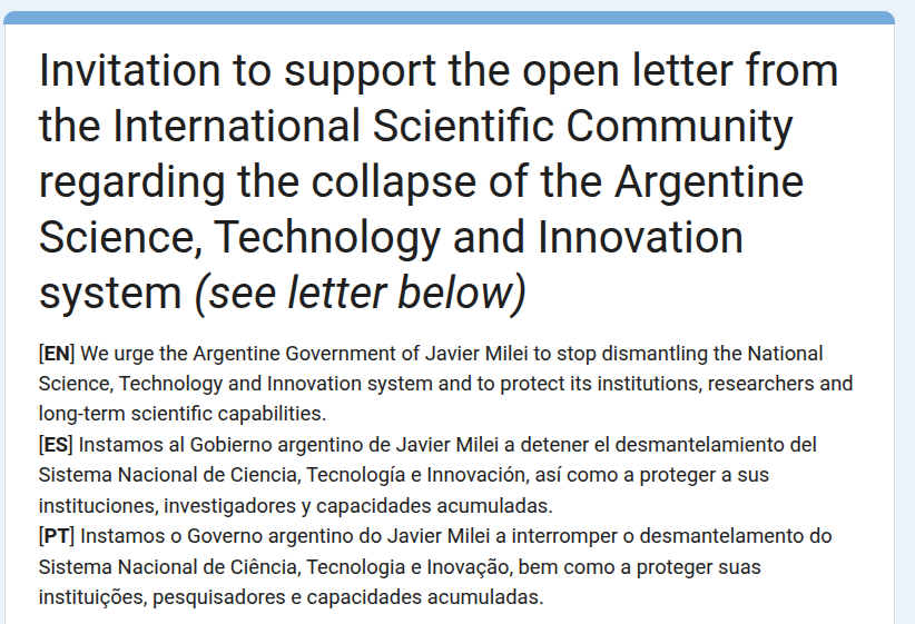 etchichury74's tweet photo. Carta al Presidente Milei sobre el desmantelamiento del sistema científico argentino 

Letter to President Milei on the collapse of Argentina's Science, Technology and Innovation system

✅Para firmar la petición / To sign the petition
➡️https://t.co/3oBmMLT9wh https://t.co/lwqhCxXwfa