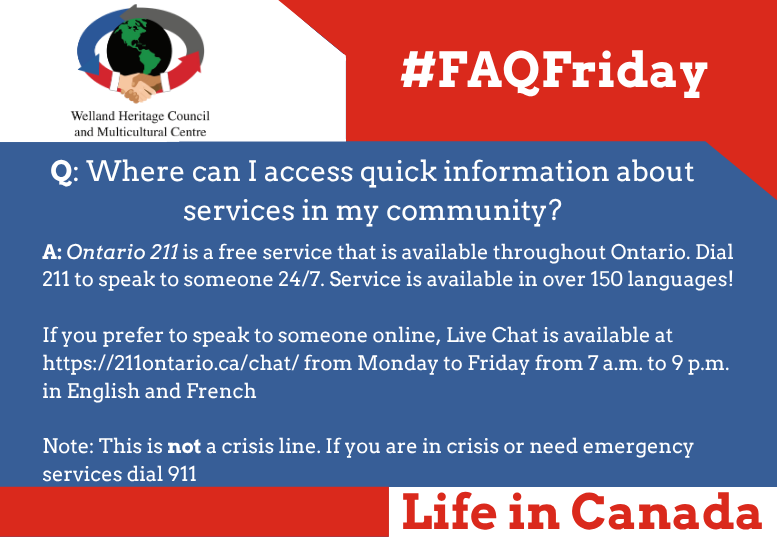 WHC_welland's tweet photo. Time for another #FAQFriday!

Ontario 211 is a free service, available to all! In addition to a phone line and live chat, the Ontario 211 website  is full of free resources to help you learn all about your new community!

https://t.co/iqnnF3r1vp https://t.co/M9KKDpOB3g
