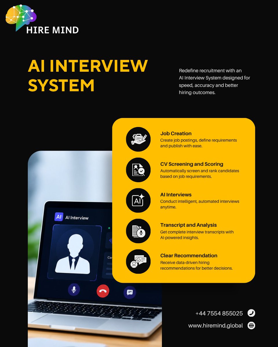 AiDigitechUK's tweet photo. From identifying the right skills to recommending top candidates, our AI Interview System makes recruitment smarter and more efficient.
Contact us to get started at https://t.co/HDj2JOEni2, call +44 7554 855025, or send us a DM. 
#AI #HR #Recruiter #HireMind #AiDigitechUK https://t.co/nQHcsANo0L