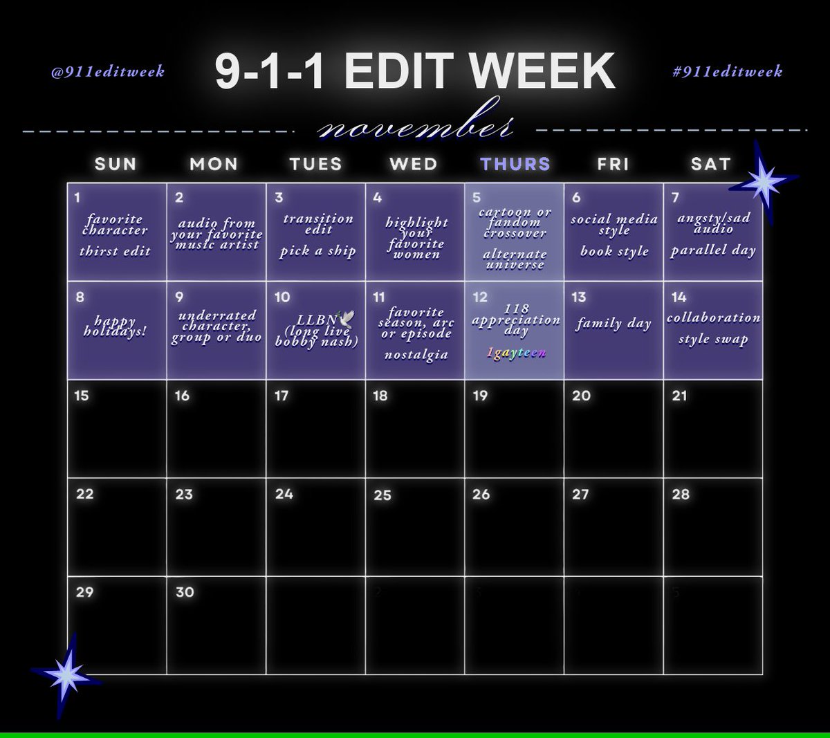 911editweek's tweet photo. prompts for #911editweek! Which day are you most excited for? https://t.co/njDrSr6kTU
