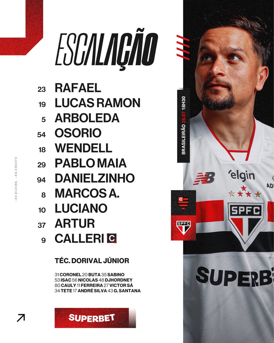 SaoPauloFC's tweet photo. 🇾🇪 O Tricolor está escalado!

⚽️ Flamengo x São Paulo 
🏟️ Maracanã 
📍 Rio de Janeiro (RJ) 
⏰ 18h30
🏆 Brasileirão (20ª rodada)

📺 Premiere 
🎙️ SPFC Play 

#VamosSãoPaulo 🇾🇪 https://t.co/VHO4JuZE3s