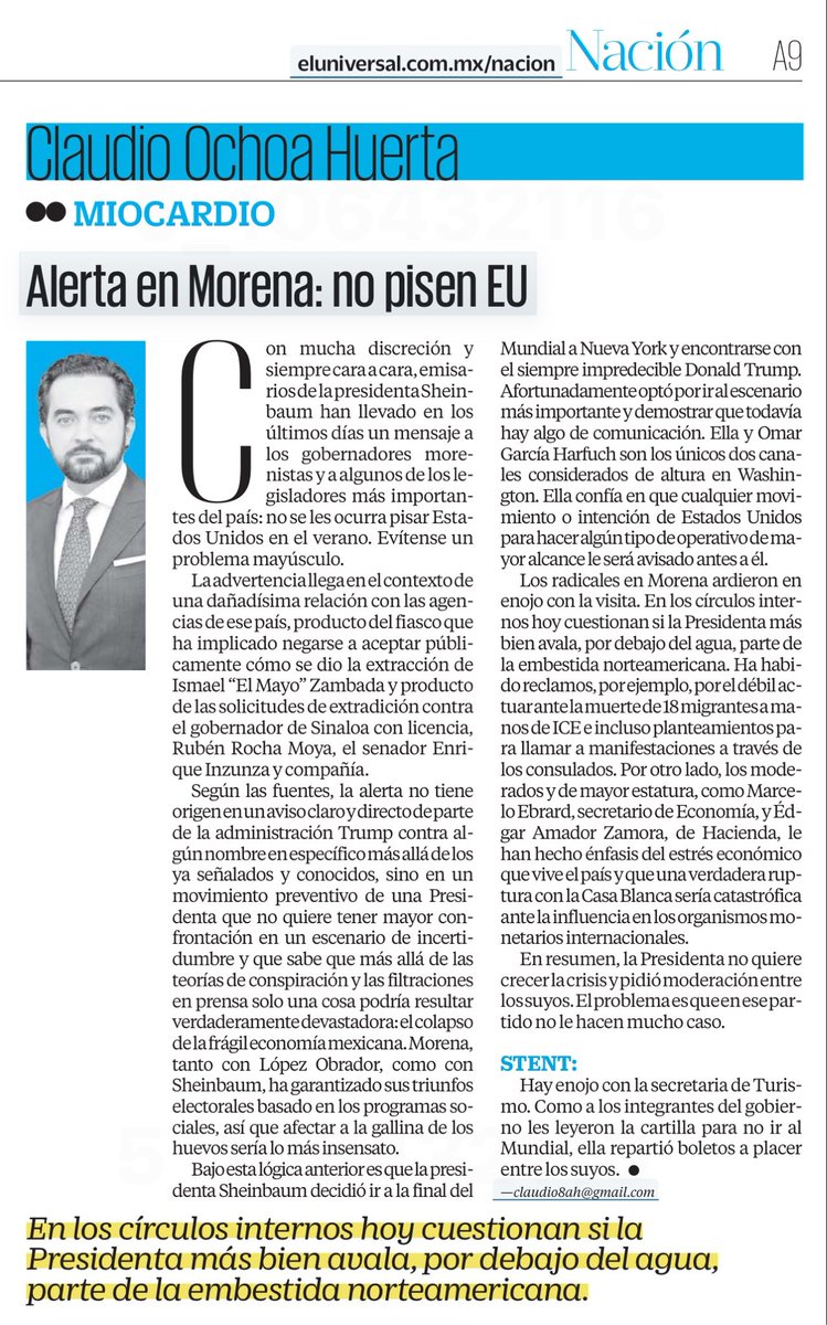 LuisCardenasMx's tweet photo. 📰 La recomendación de hoy: “Alerta en Morena: no pisen EU”, de @ClaudioOchoaH 

El periodista revela que desde Palacio Nacional habría surgido una advertencia para gobernadores y legisladores de Morena: evitar viajes a Estados Unidos ante el riesgo de enfrentar problemas migratorios o judiciales.

La columna también aborda la tensión entre el gobierno de Claudia Sheinbaum y la administración de Donald Trump, así como las divisiones internas en Morena frente a la presión estadounidense.

Una lectura indispensable en El Universal.