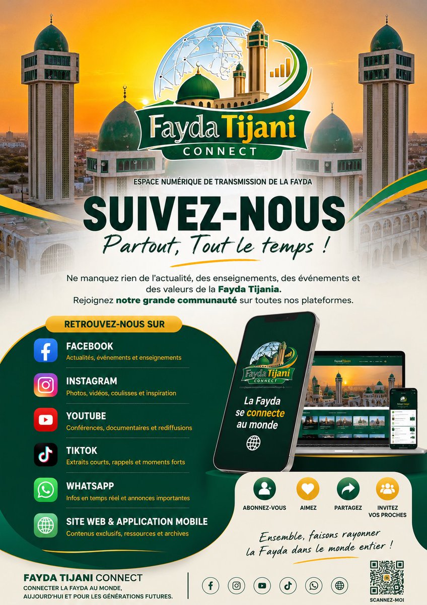 faydatijaniconn's tweet photo. 🌍 La Fayda se connecte au monde !

Rejoignez Fayda Tijani Connect et restez connectés à toute l'actualité de Médina Baye.

📖 Enseignements authentiques
🎥 Vidéos et conférences
📸 Reportages et événements
🕌 Actualités de Médina Baye
�� Contenus exclusifs et ressources https://t.co/NXTxYaggvt