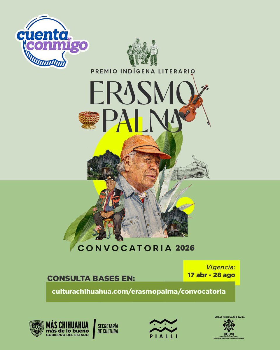 GobiernoEdoChih's tweet photo. Las lenguas originarias cuentan historias que merecen seguir vivas. 📖

Participa en el Premio Indígena Literario Erasmo Palma 2026 y comparte tu talento a través de la tradición oral, poesía, novela, cuento o ensayo literario.

Si formas parte de un pueblo originario de Chihuahua y eres hablante de una lengua materna, esta convocatoria es para ti.

Consulta las bases en:
https://t.co/TiJO7oi3v7

📅 Tienes hasta el 28 de agosto.

#CuentaConmigo