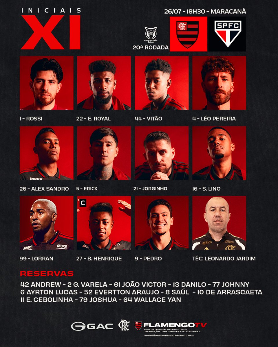 Flamengo's tweet photo. NOSSO TIME É A GENTE EM CAMPO! 

Confira a #escalação do MENGÃO para enfrentar o São Paulo, pelo Brasileirão! 

#FLAxSAO https://t.co/PYkvrUAxFA